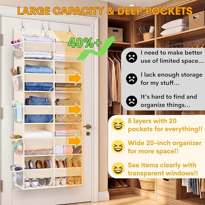 2 Pack Over the Door Organizer 5 Tiers, Extra Large Behind Door Storage of 10