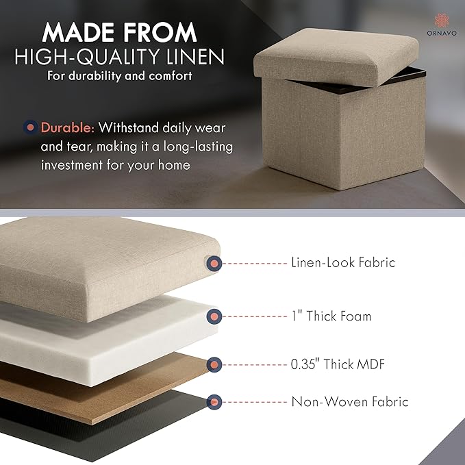 Ornavo Home Small Storage Ottoman Foldable Collapsible Cube Square Linen