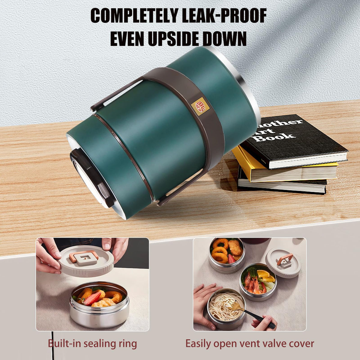 Gicklov 67 oz Adults Stainless Steel Vacuum Insulated Wide Mouth Soup Food Thermo Hot Food Jar with Keep Thermal Portable 3 Tier Stackable Bento Hot Food Containers Lunch Boxes (67 oz Green)