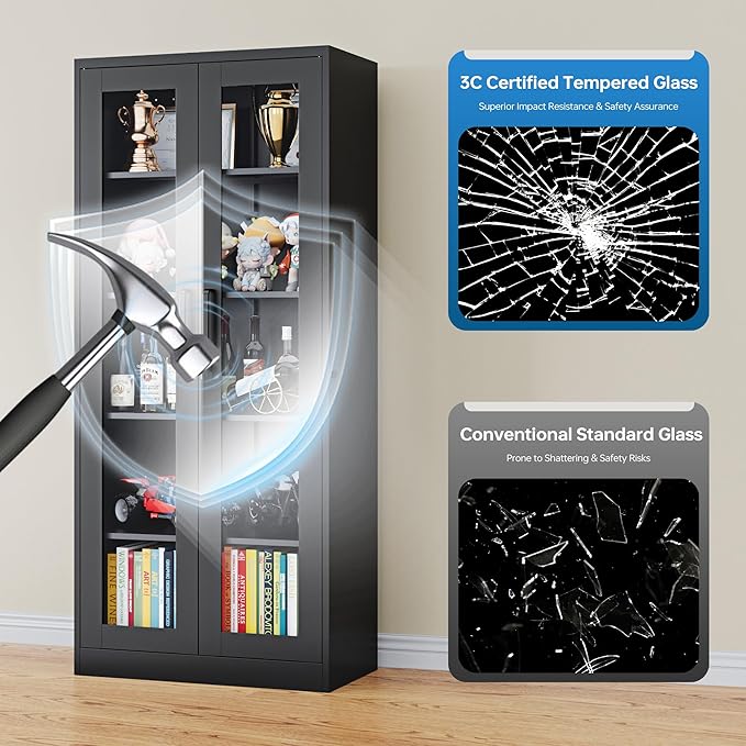 PEUKC Display Cabinet with Glass Doors, 71 Inches Metal Display Case with 4