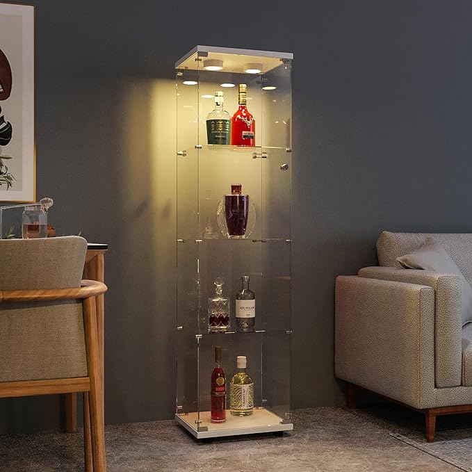 FANYUSHOW Display Cabinet with Glass Door and LED Light, 4-Tier Tempered Glass