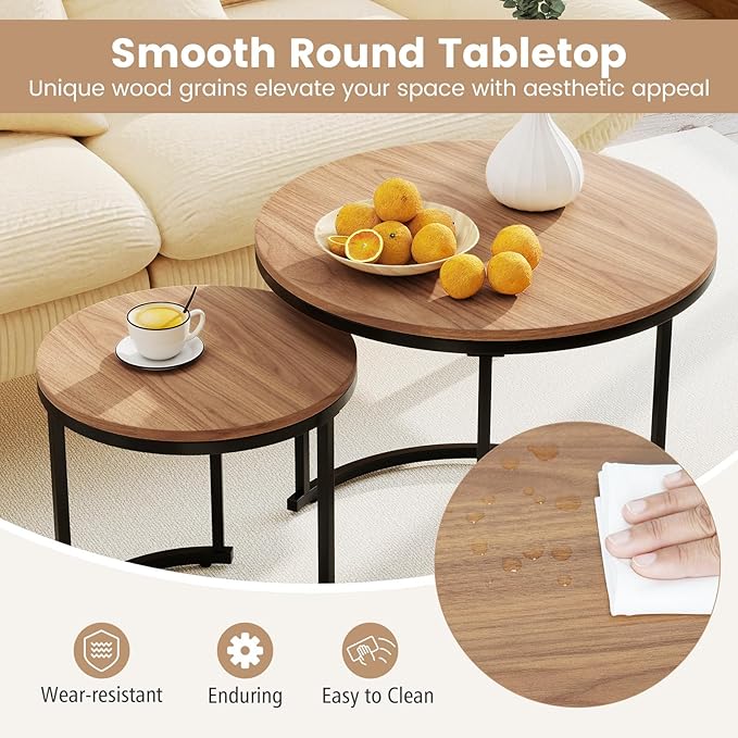 Giantex Nesting Coffee Table Set of 2, Round Stacking Side Tables w/Wooden