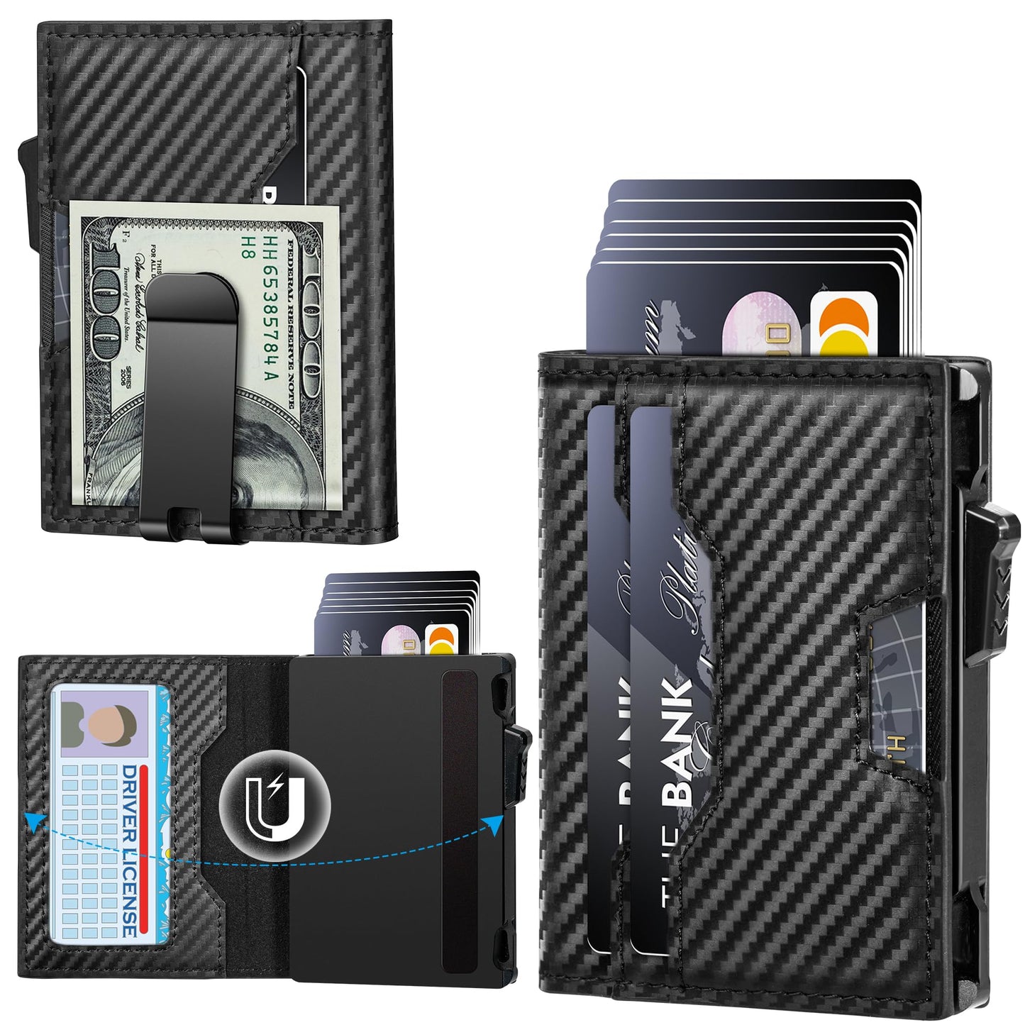 Vandz Wallet for Men, Minimalist Slim Wallet, Smart Pop Up Case RFID Blocking Bifold Wallet Credit Card Holder with Money Clip (Carbon Fiber Black)
