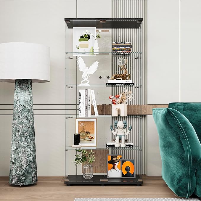 FLYMUHJIA Curio Cabinets with Tempered Glass High Cabinet with Shelves Glass