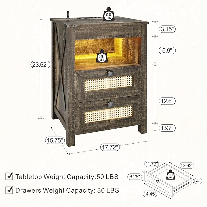 FREDEES Rustic Night Stand Set 2