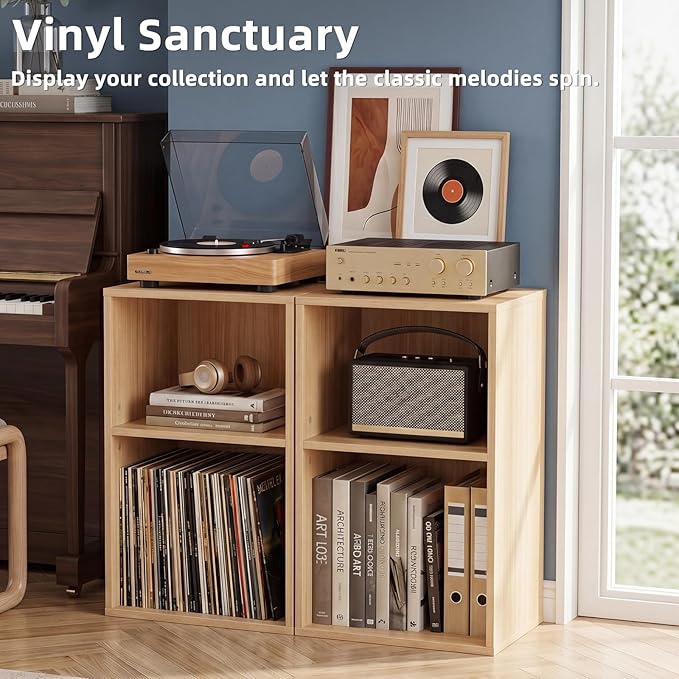 YAHARBO 2 Cube Bookshelf, Natural Record Player Stand