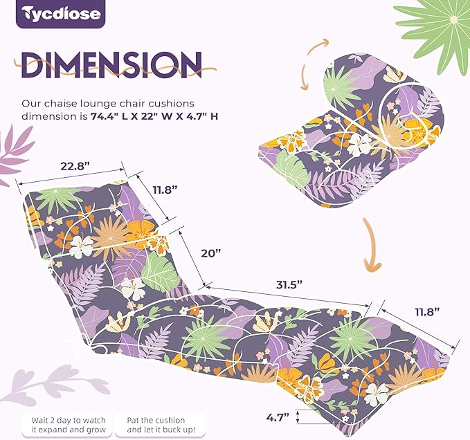 Outdoor Chaise Lounge Chair Cushion Set of 4, Waterproof 74.4 x 22 x 4.7 Inches