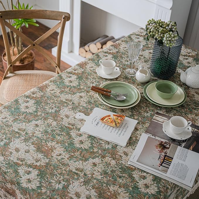 VClife Aesthetic Green and Beige Floral Table Cloth, Linen Texture Table Cloth