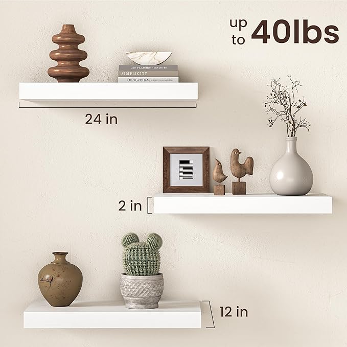 Fun Memories 12 Inch Deep White Floating Shelf, 24 x 12 Rustic Wood Wall Shelf