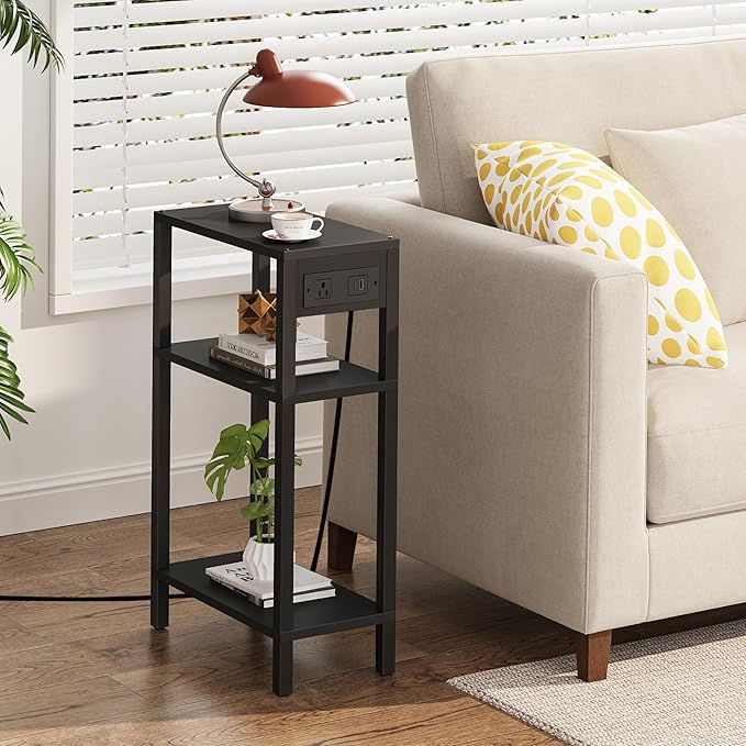 TUTOTAK Narrow Side Table with Charging Station, Small End Table with USB Ports