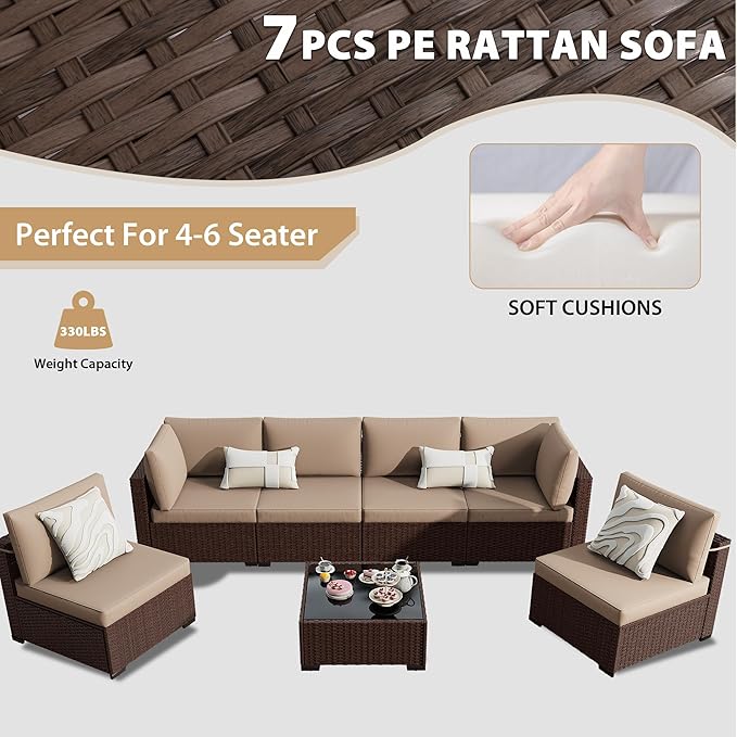 KIGOTY 7-Piece Patio Furniture Set, All-Weather PE Rattan Outdoor Sectional Sofa