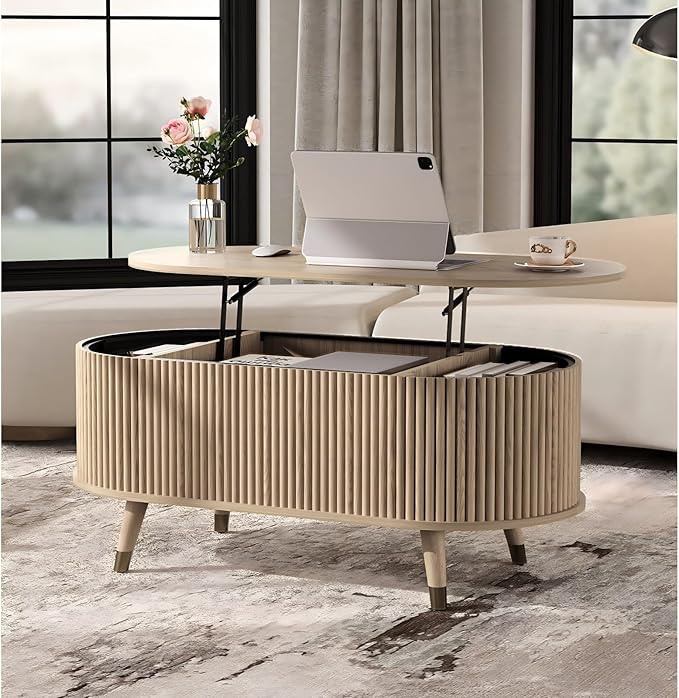 SULIVES Oval Coffee Table with Storage, Small Fluted Center Table
