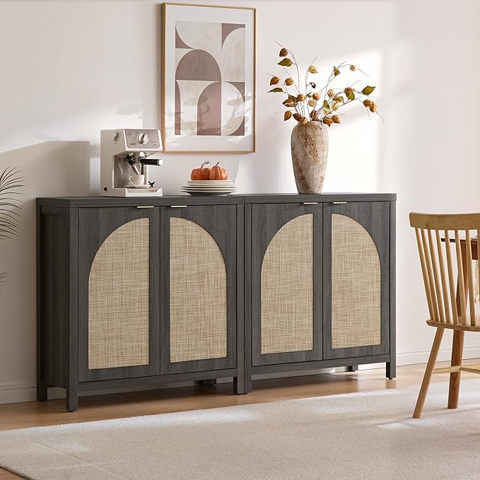 SICOTAS 102"W Rattan Sideboard Buffet Cabinet Set of 3, Modern Credenza Storage