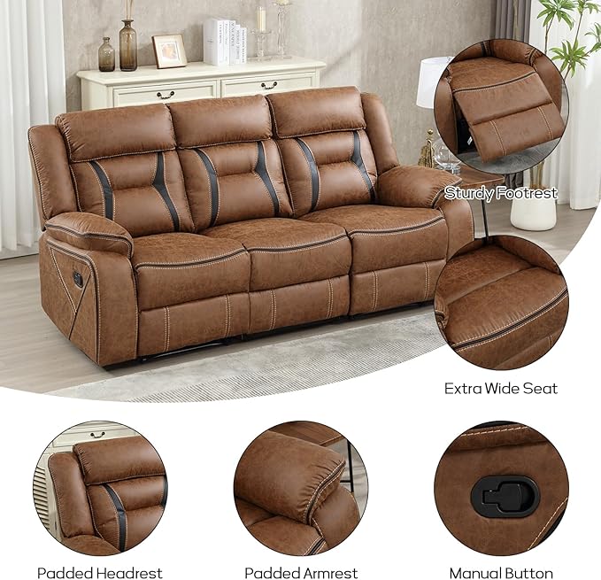 EBELLO Manual Recliner Sofa Set, Faux Leather Reclining Living Room Furniture