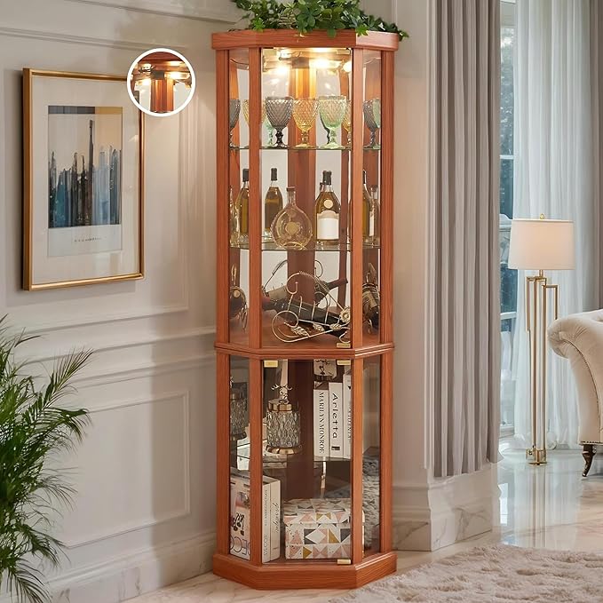 Corner Curio Cabinet, Light Bulb Inclued, Wine Bar China Cabinet