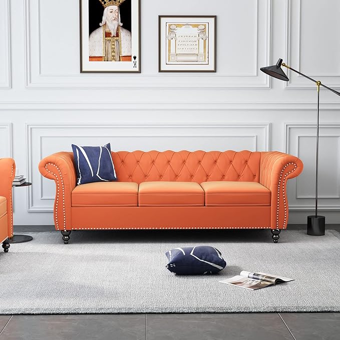 ORRD 3 Piece Living Room Set, Velvet Chesterfield Sofa Loveseat Couch Chair