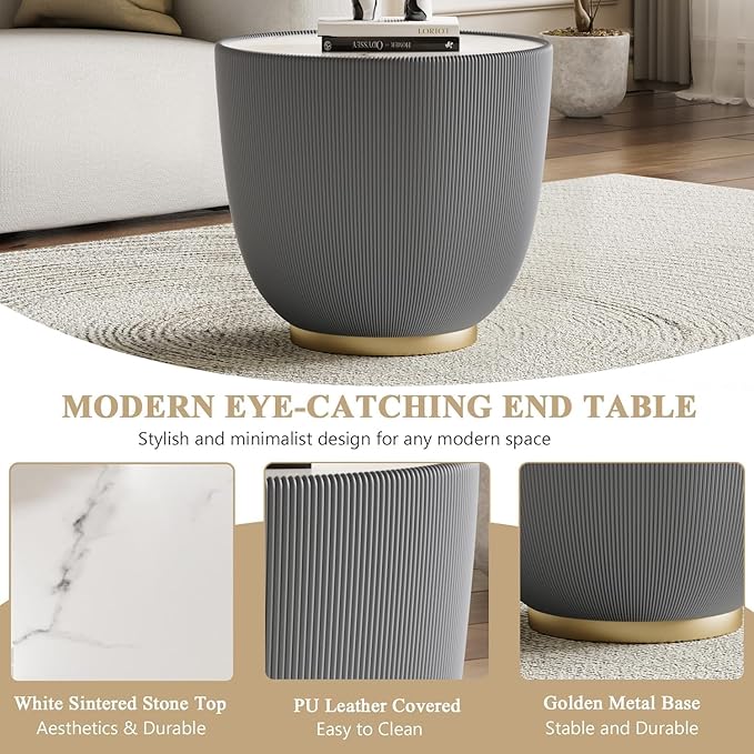Henf Marble Round Side Table, 19.7" Fluted End Table