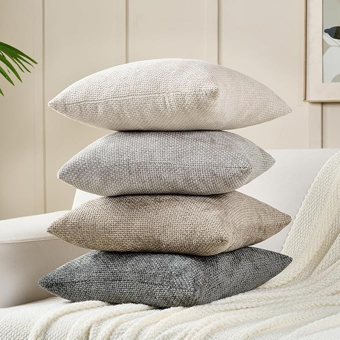 Volcanics Boho Throw Pillow Covers 18x18 Set of 4, Neutral Chenille Decorative