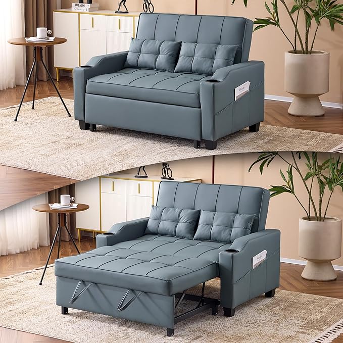 VINGLI Convertible Loveseat Sleeper Sofa, Cup Holders, Armrest