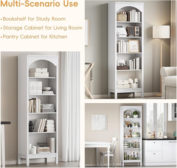 Arched Set of 2 Bookshelf with 5 Tier Open Shelves, Living Room, Modern White