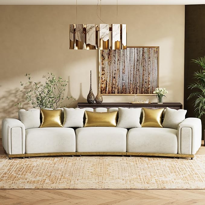 Oversized Luxury Chesterfield Sofa Set Velvet Beige and Gold Couch