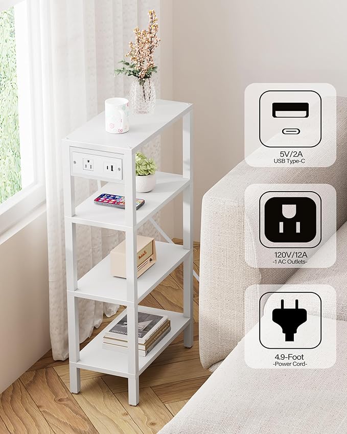 TUTOTAK Narrow Side Table with Charging Station, Small End Table with USB Ports