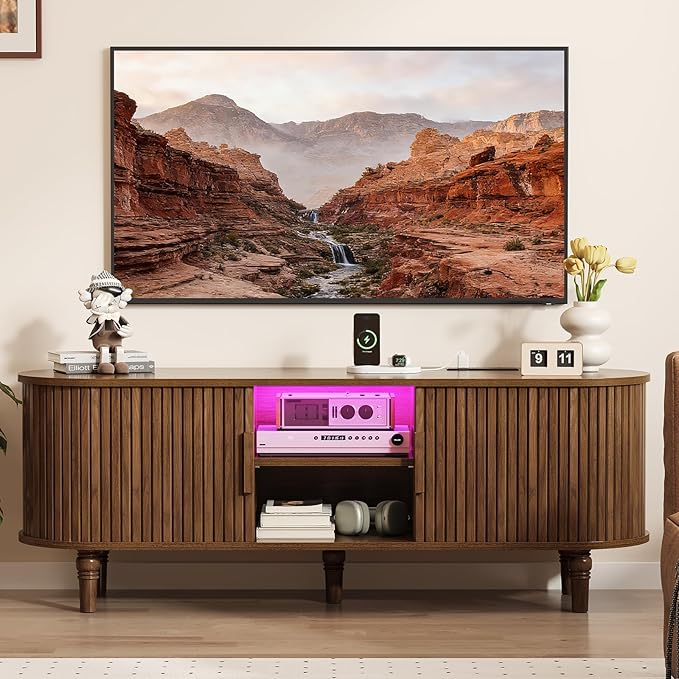 TV Console with Power Outlet-55 Entertainment Center with Sliding Tambour Door