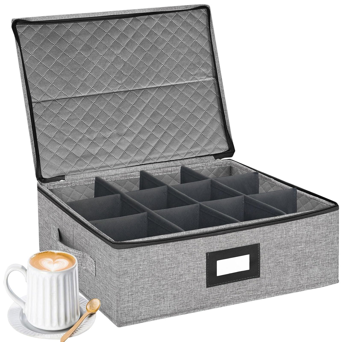 Coffee Mug Storage Box with Dividers, Durable China Storage Containers for Coffee Mugs, Tea Cups Storage Organizer with Lid, Handles, Label Window, Holds 12 Mugs, Hard Shell and Stackable (Grey)