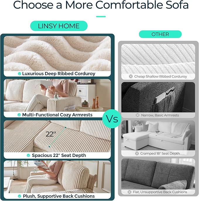 LINSY HOME Sectional Sofa with Pull Out Bed, 5 Seats Corduroy Reversible