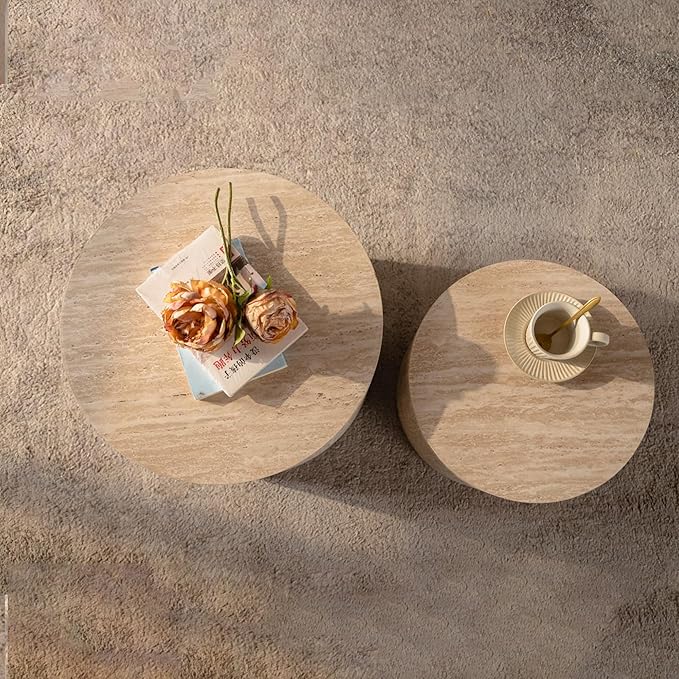 Round Wooden Nesting Coffee Table Set of 2, Circle Modern Accent End Side Table