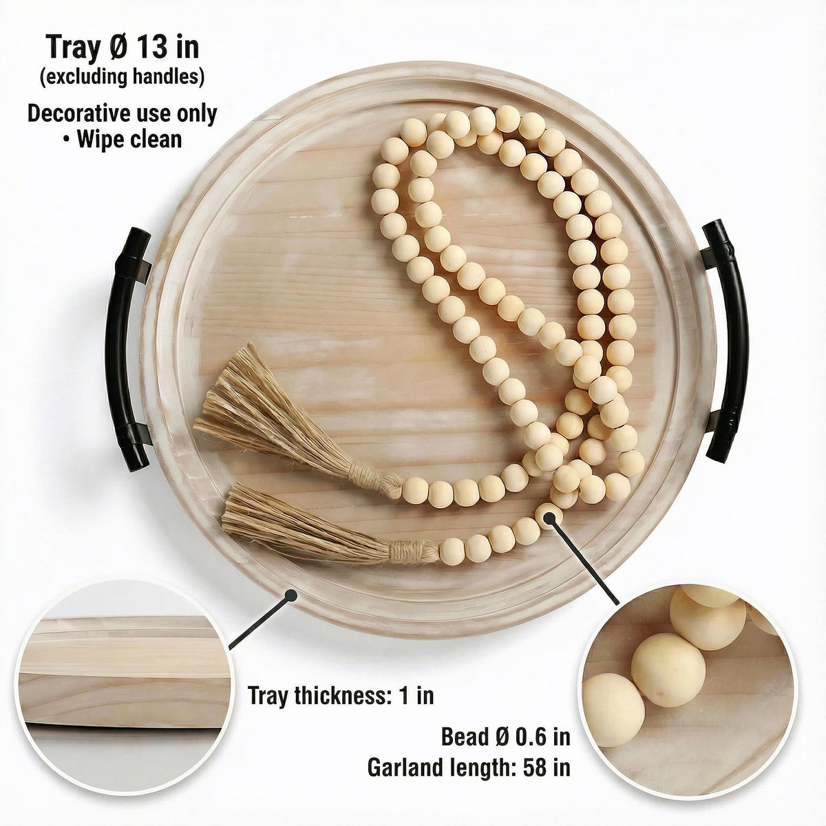 13" Round Decorative Wood Tray with Handles, Whitewashed Farmhouse Coffee Table Decor for Living Room, Entryway & Kitchen Island, Includes Bead Garland, Giftable Home Decor