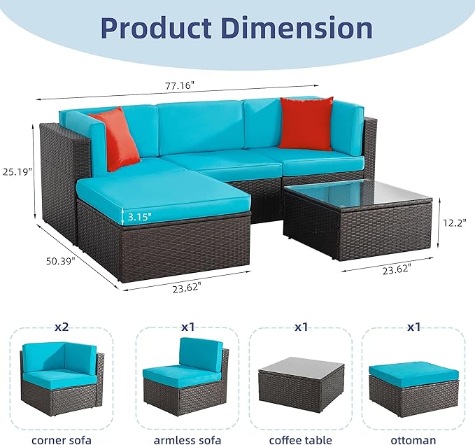 Vongrasig 5 Piece Furniture Sets, All-Weather Brown PE Wicker Outdoor Couch
