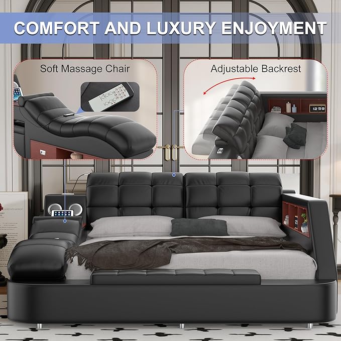 Multifunction Smart King Bed Frame, Luxury Upholstered Platform