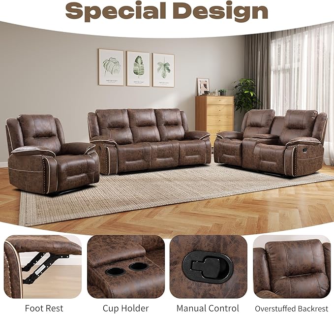 EBELLO Faux Leather Manual Recliner Sofa Set, 1 Seat Reclining Chair, a Loveseat