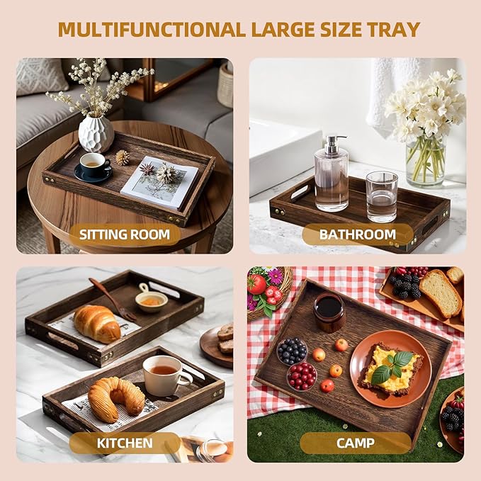 Serving Tray with Handles, 15.8"x 11" Wood Decorative Tray