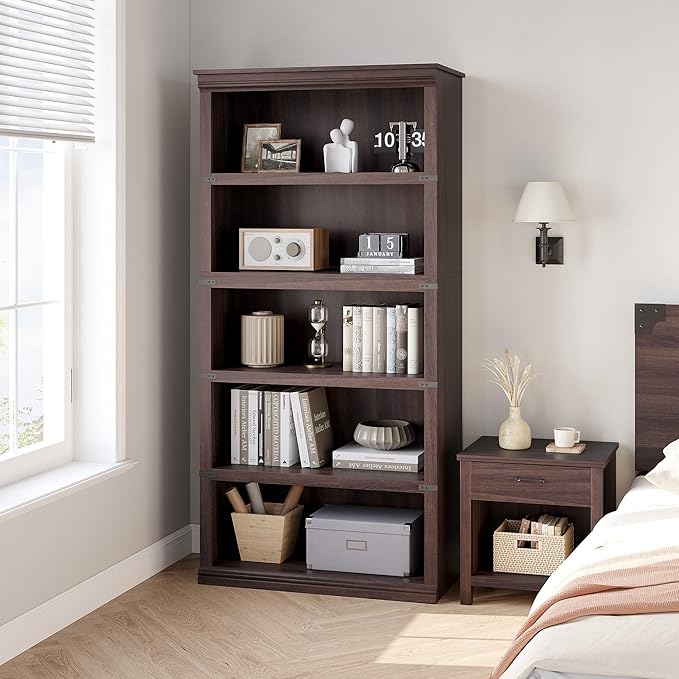 GarveeHome 5 Tier Farmhouse Bookcase, 67.4" Tall Book Shelf