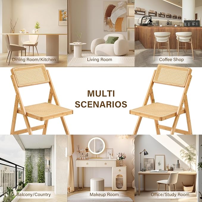 Furlide Rattan Folding Chairs, Modern Mid Century Dining Chairs Set of 2