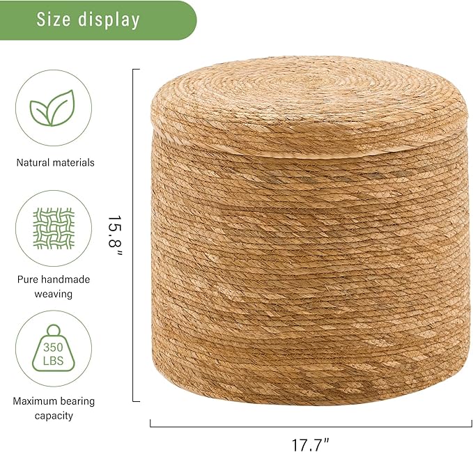 Wimarsbon Round Pouf Ottomans, Handwoven Natural Water Hyacinth Seagrass Pouffe