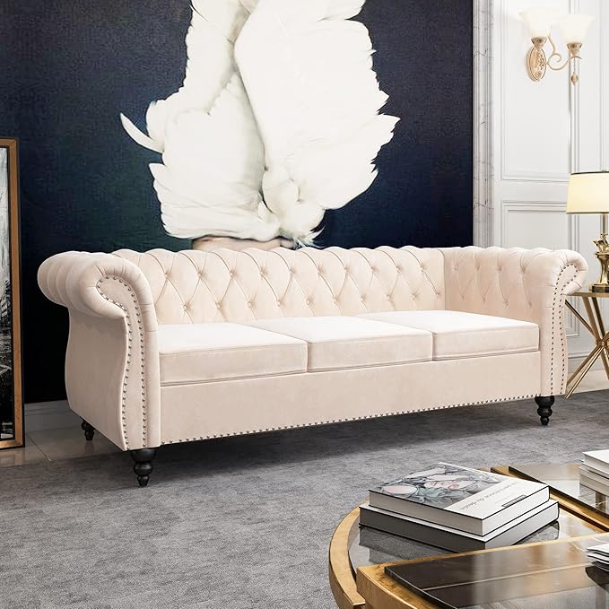 ORRD 2 Piece Living Room Set, Velvet Chesterfield Sofa Loveseat Couch