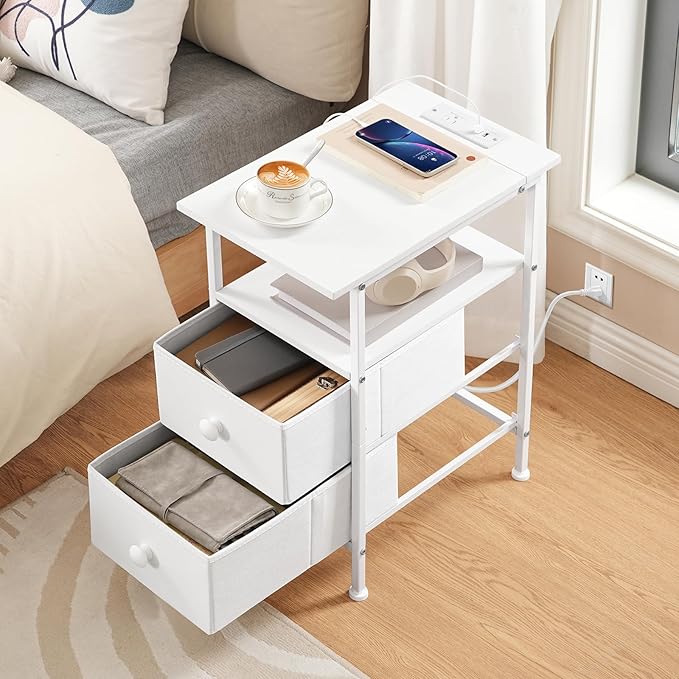 HOOBRO End Table with Charging Station, Narrow Side Table, Nightstand with 2