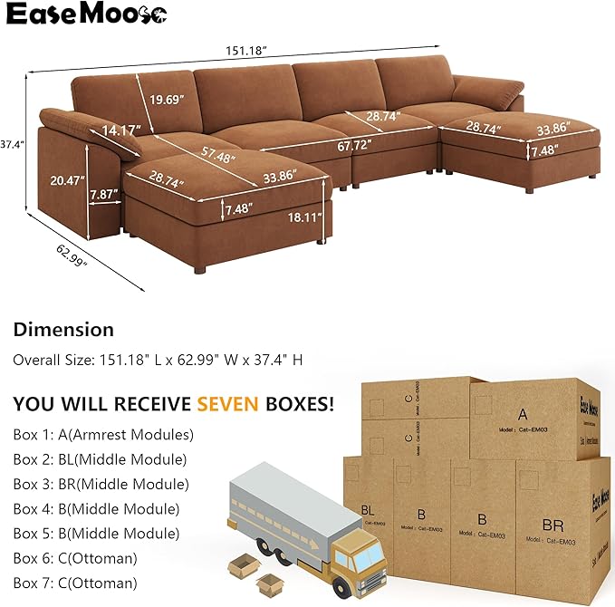 EASE MOOSE Modular Sectional Couch, Oversized Deep Seat U Shape Sectional Couch