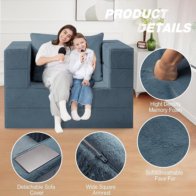 Folding Bean Bag Chair for Adults, 3-in-1 Bean Bag Couch Faux Fur Floor Sofa