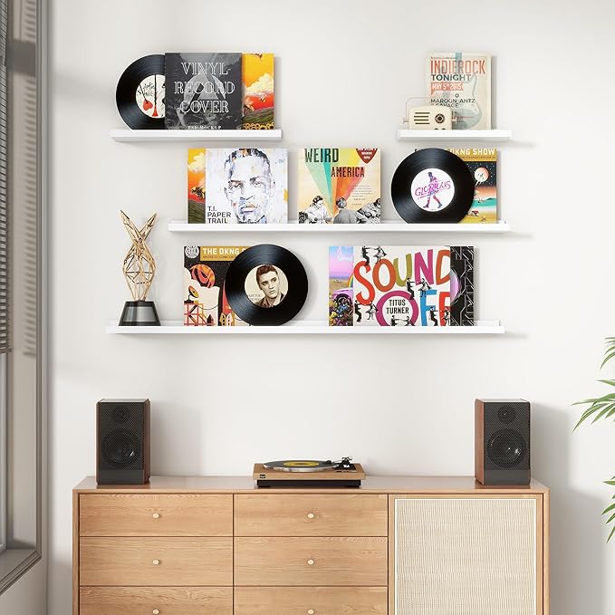 Floating Picture Ledge Shelves Set of 8, 16 Inch Solid Wood Wall Shelves
