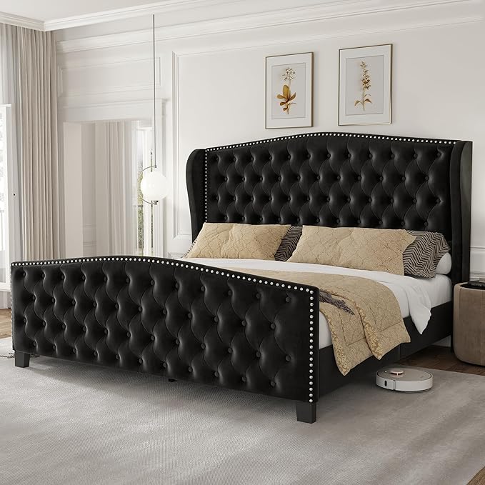 LARMACE King Size Bed Frame Velvet Upholstered Platform Bed