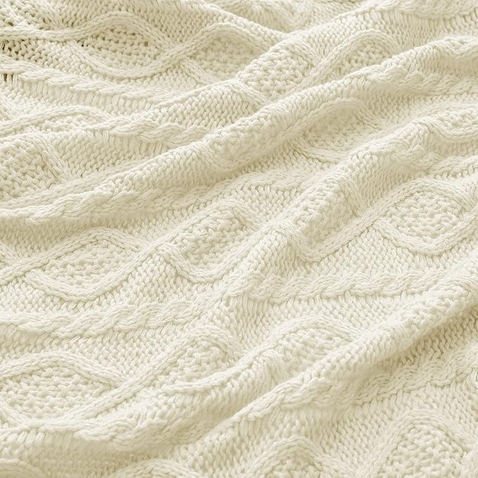 Homiest Cable Knit Throw Blanket & Pillow Set, Cream White Set of 3, Knitted