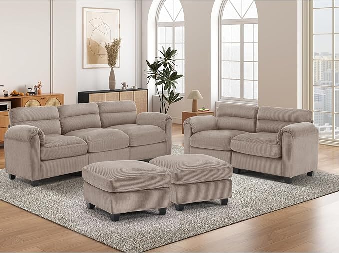 HAOMARKETS Corduroy 4-Piece Sofa Set, Upholstered Ottoman Set of 2, Loveseat