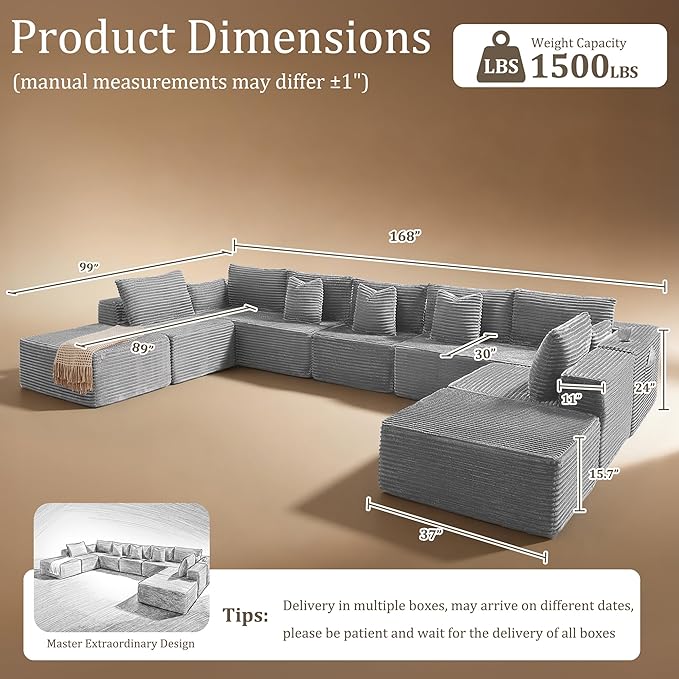 168" Cloud Sectional Couch, Comfort U Shaped Sofa