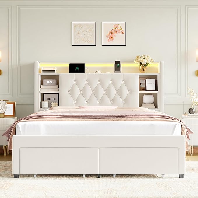 Full Bed Frame with Drawers, Hidden-Cubby & Shelves Storage Headboard with