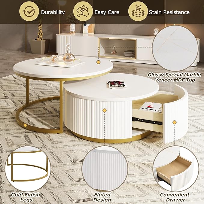 27.6" Modern Round Nesting Coffee Table Fluted