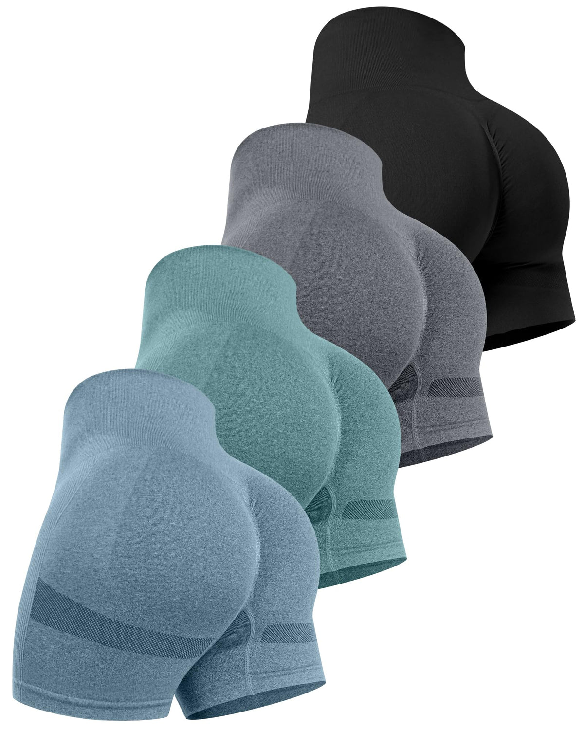 CHRLEISURE Women's 4 Packs Workout Gym Shorts, High Waisted Butt Lifting Scrunch Butt Seamless Booty Shorts(Black,DGray,Green,Blue,S)